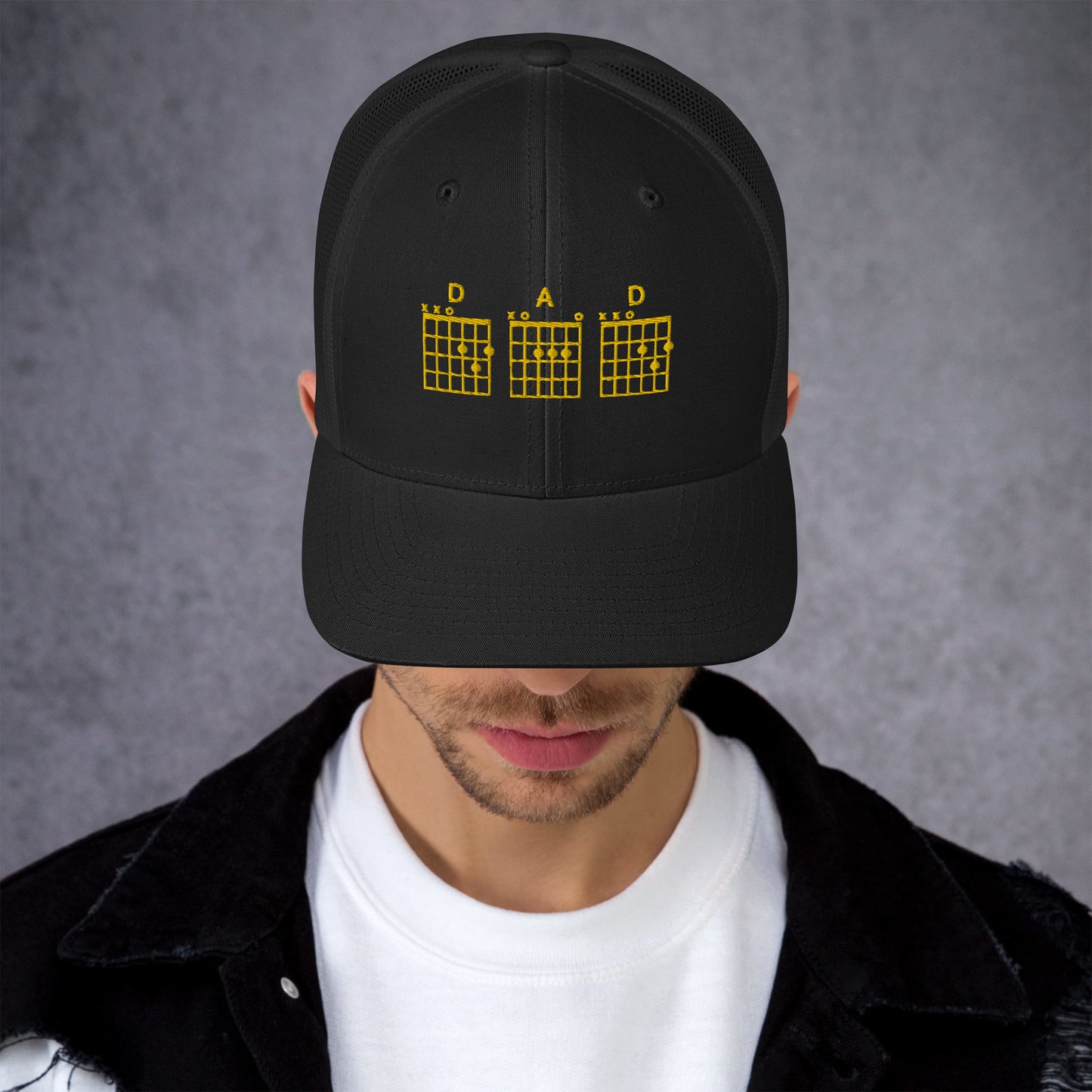 D A D Chords in gold  - Black Trucker Cap