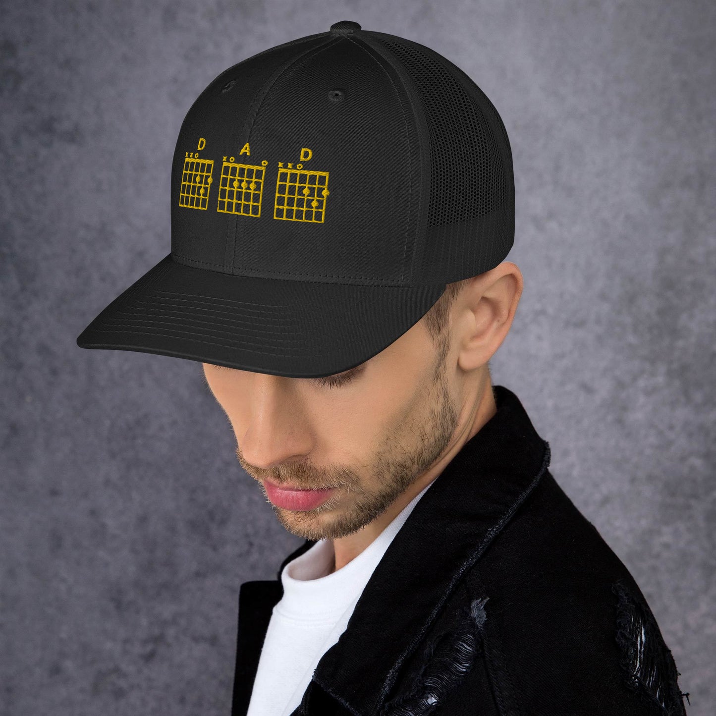 D A D Chords in gold  - Black Trucker Cap
